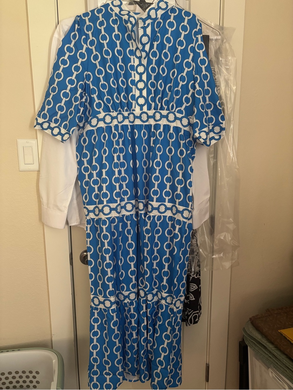 Blue & White Chain-Print Midi Dress